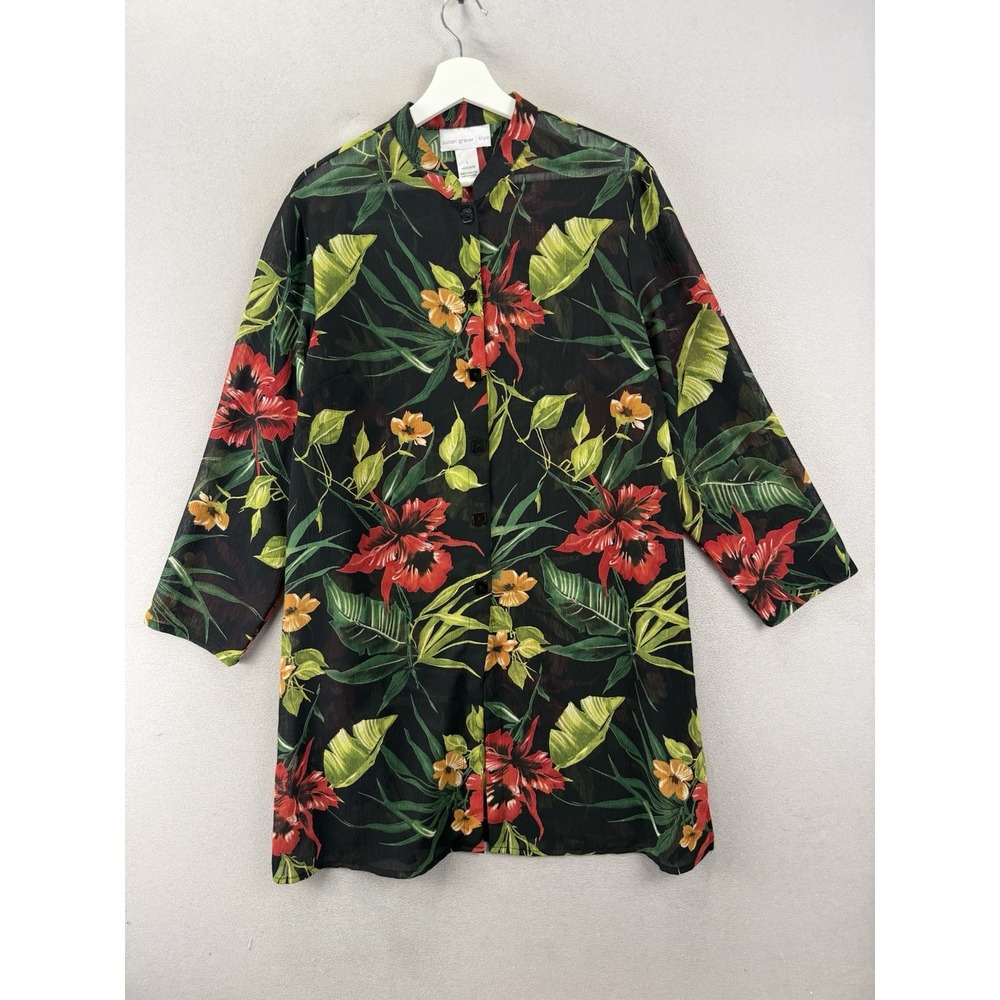 Susan Graver Style Tunic Womens L Black Tropical Floral Sheer Button Front Top